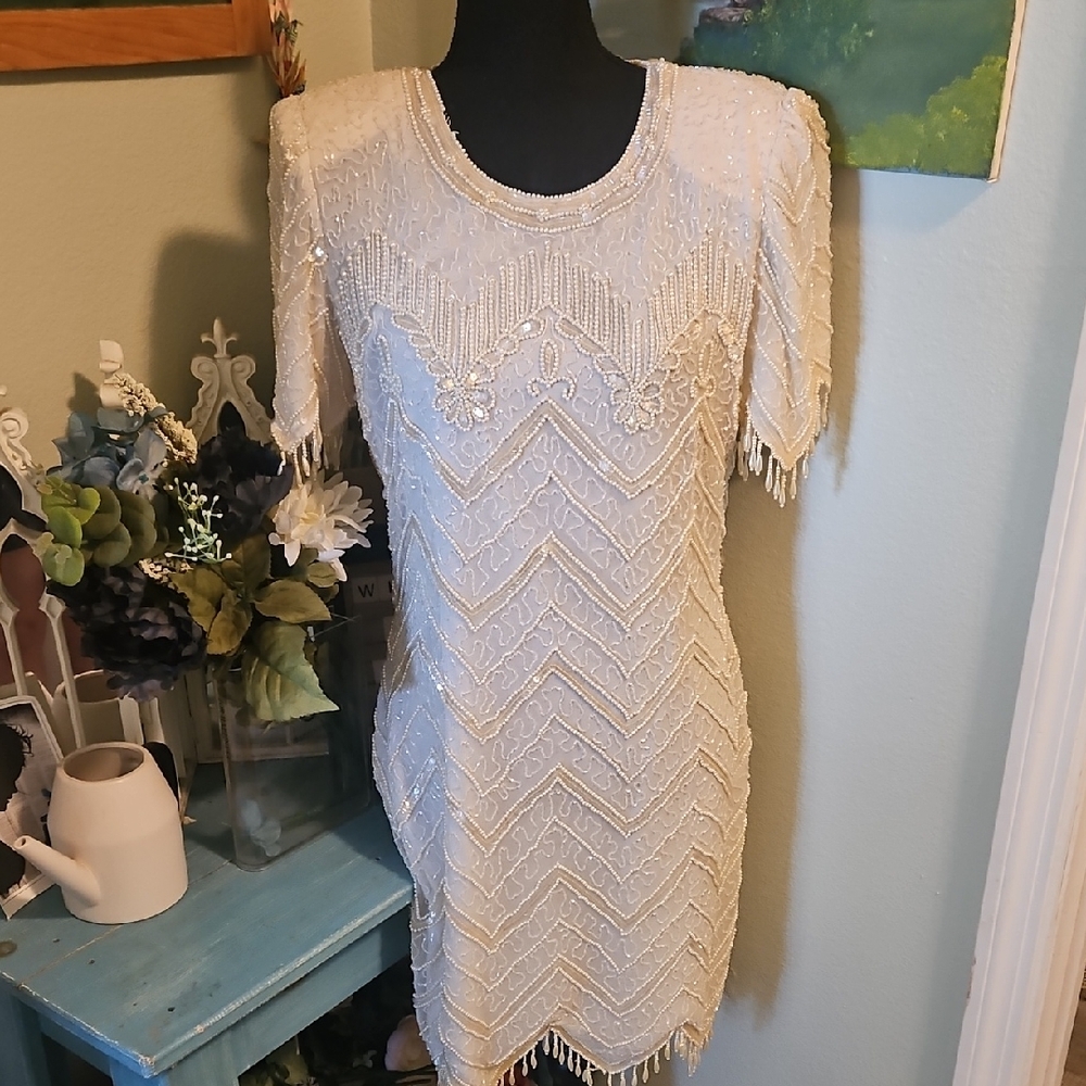 Vintage 80s Beaded Cream Dress